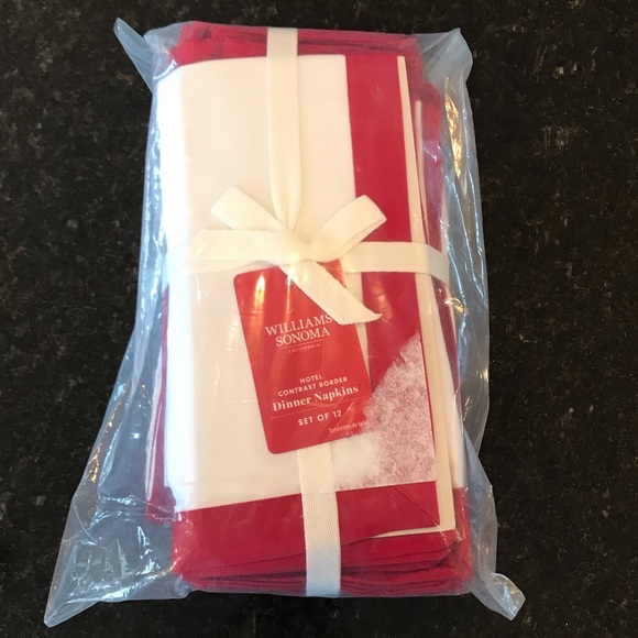 New Williams Sonoma Bordered Hotel Napkins, Set of 12, White & Red Cloth Napkins - Picture 7 of 11
